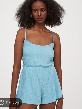 H&M Light Blue Terry Romper with Spaghetti Straps and Elastic Waist NWT